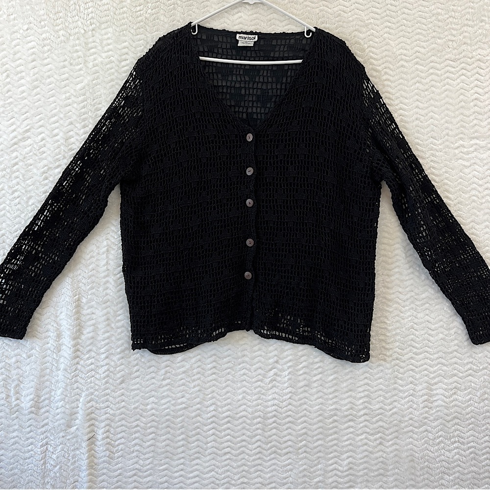 Mivida Black Open-Knit Button Front Sweater Cardigan